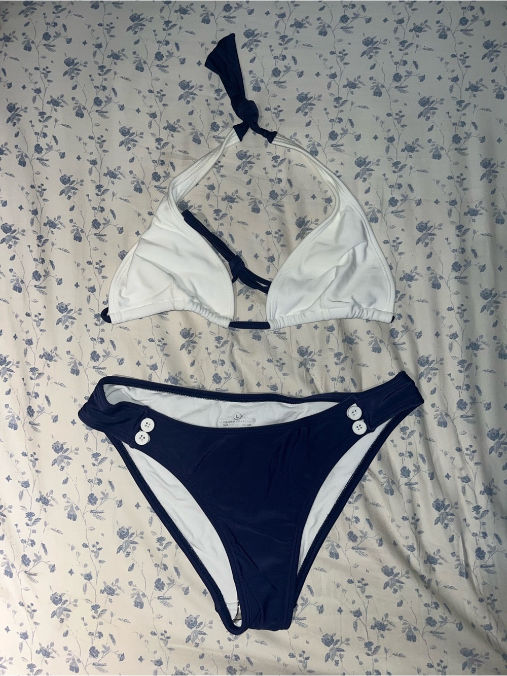 Island Company Navy and White Halter Bikini with Button Detail